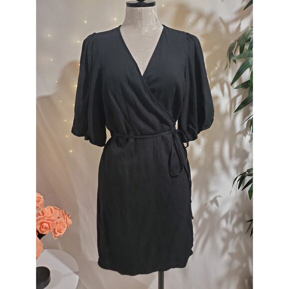 Old Navy Waist-Defined Puff-Sleeve Linen-Blend Mini Wrap Dress Size M Tall Black - Picture 1 of 10